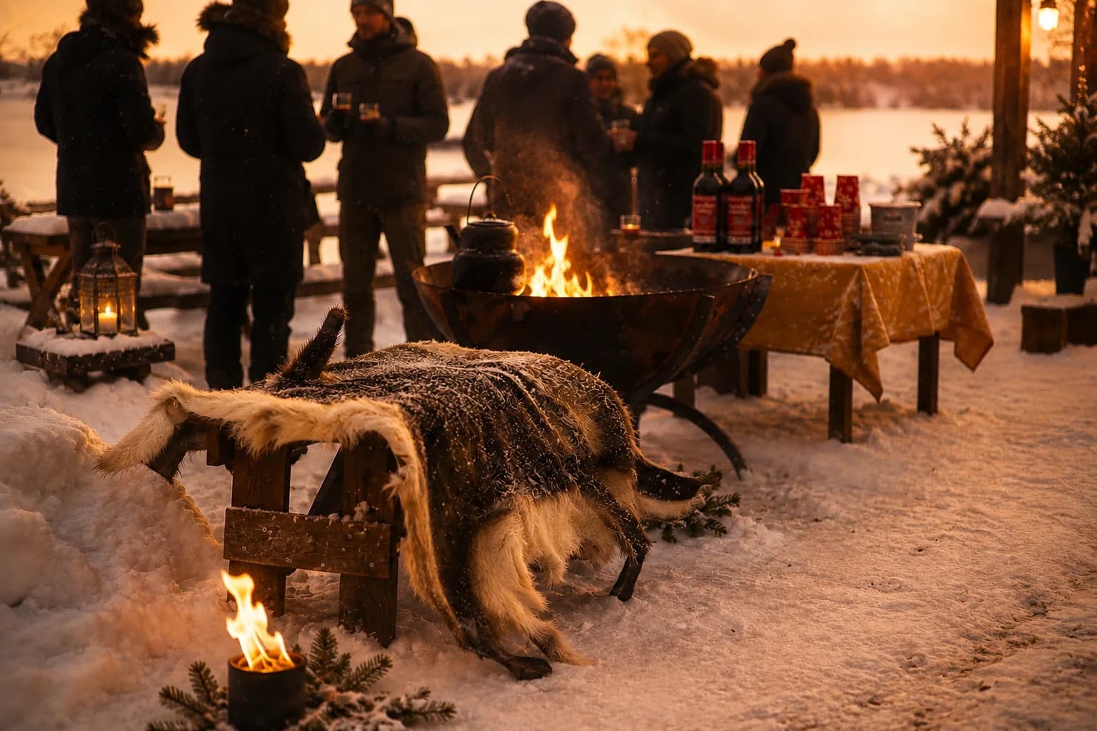 Glögg och värmande eld i en vintrig miljö vid sjön